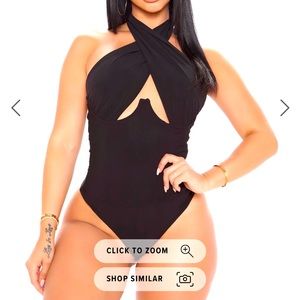 Crossed Halter Thong Bodysuit in Black